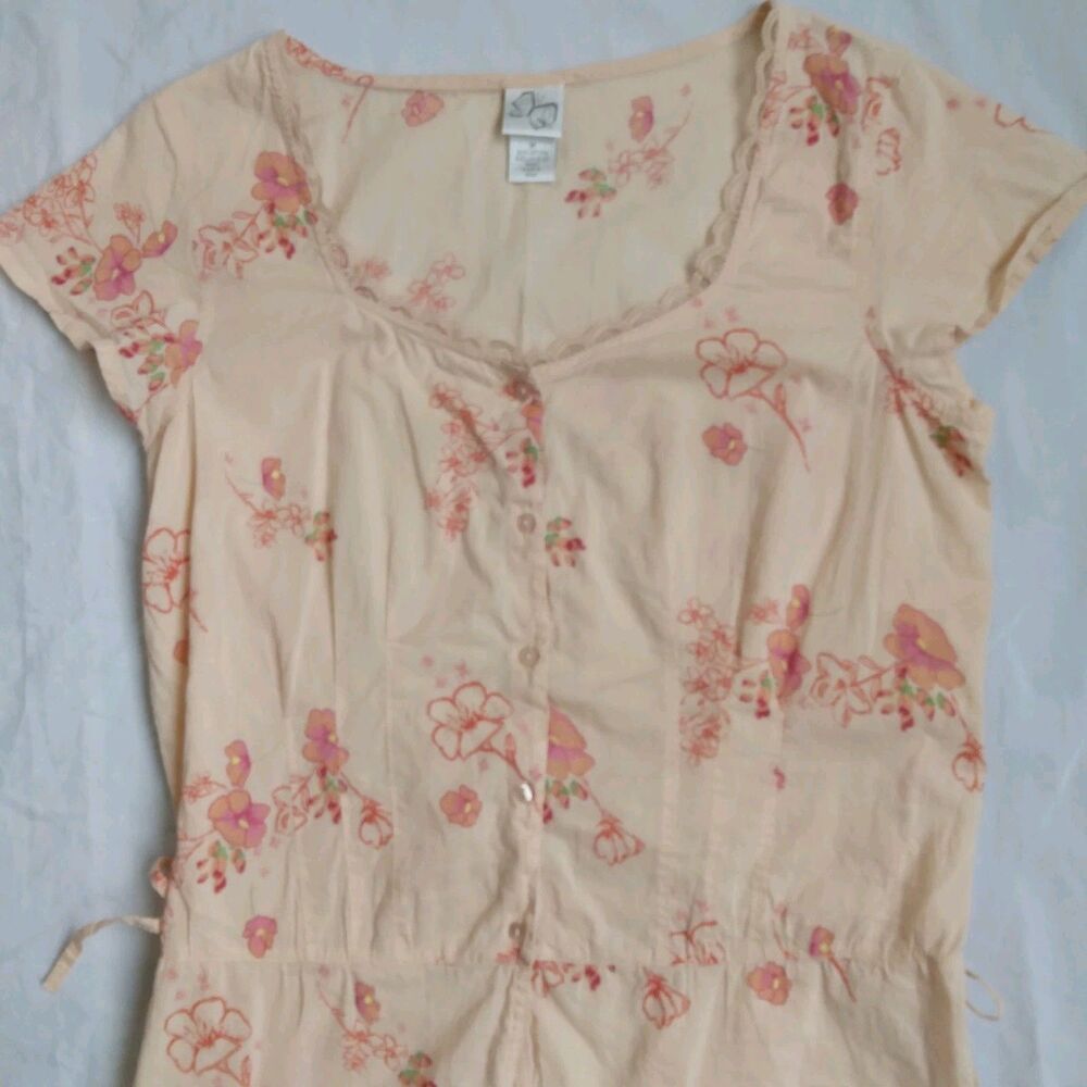 90s Y2K Fashion Bug Blouse Peach Floral Ties On The Sides Fairy Grunge Women's M - Picture 2 of 12